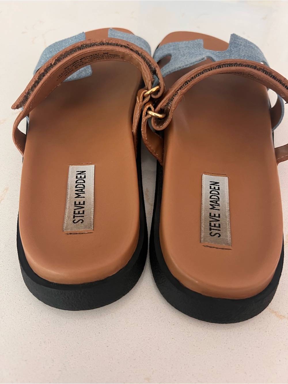 Steve Madden Mayven Denim & Tan Slide Sandals - Picture 2 of 9